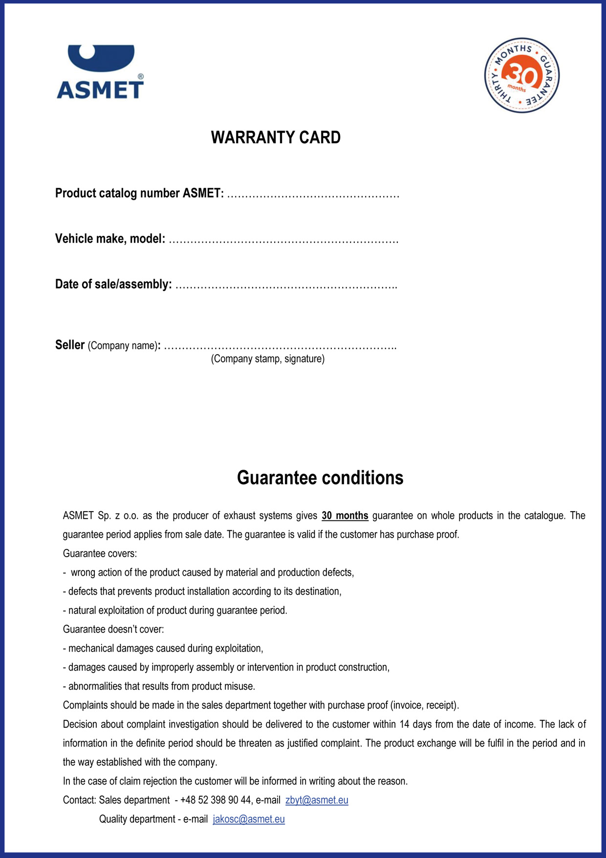Warranty card
