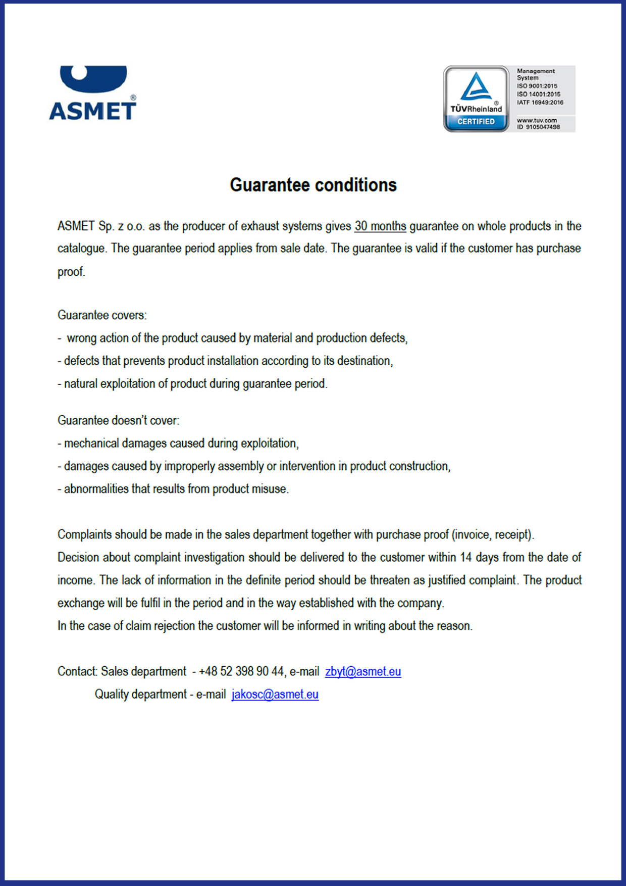 Guarantee conditions
